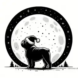 Illustration of a bulldog wearing a christmas hat infront of a full moon.