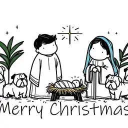 Illustration of a manger scene with bulldog animals.