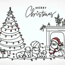 Illustration of a child and bulldogs interacting with santa in a cozy living room.