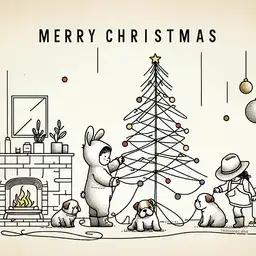 Illustration of bulldog puppies and a children trimming a tree.