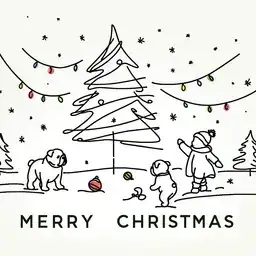Illustration of bulldog puppies and a child playing in the snow.