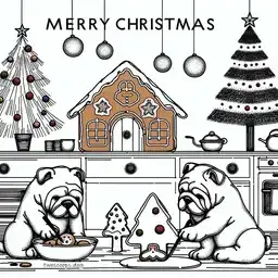 Illustration of bulldogs making gingerbread art.