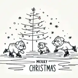Illustration of bulldog ice skaters doing tricks.