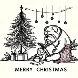 Illustration of a bulldog reading to a puppy next to a holiday tree.
