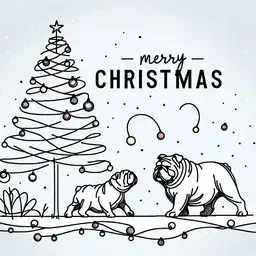 Illustration of bulldogs in an outdoor wintery christmas scene.