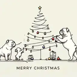 Illustration of bulldogs trimming a tree.