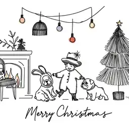 Illustration of a child dancing with bulldogs in a cozy living room scene.