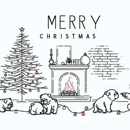 Illustration of bulldog puppies playing with a string of lights.