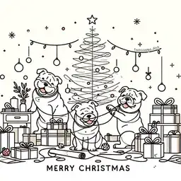 Illustration of bulldogs making a mess trimming a tree.