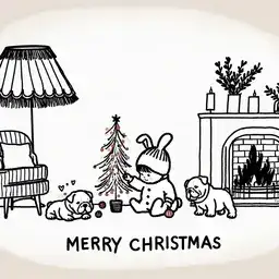 Illustration of bulldogs and a child in a christmas decorated cozy living room.