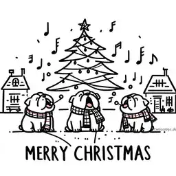 Illustration of bulldogs singing carols.