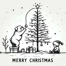 Illustration of a bulldog decorating a tree with a child and present below.