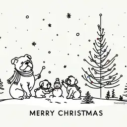 Illustration of bulldogs building a snowman.