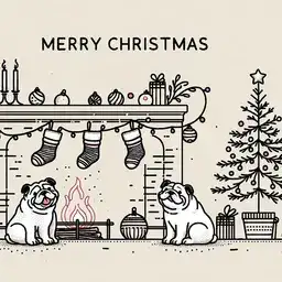 Illustration of bulldogs sitting by a fireplace in a holiday decorated room.