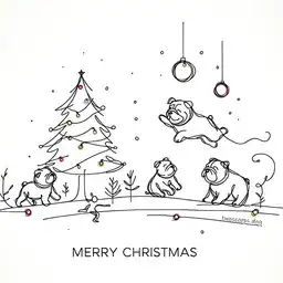Illustration of bulldogs playing in an outdoor holiday scene.